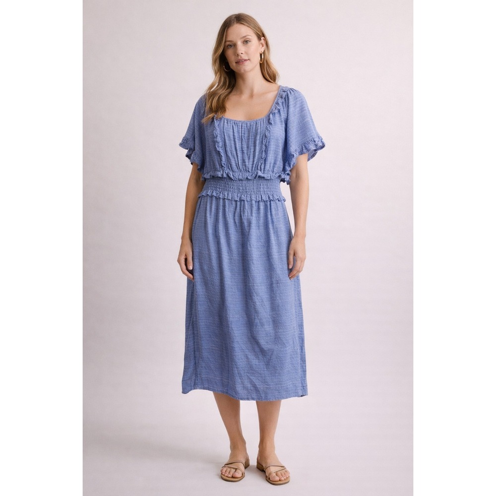MAX STUDIO Blue Maxi Dress Womens Small Smocked Waist Ruffle Boho Cottagecore